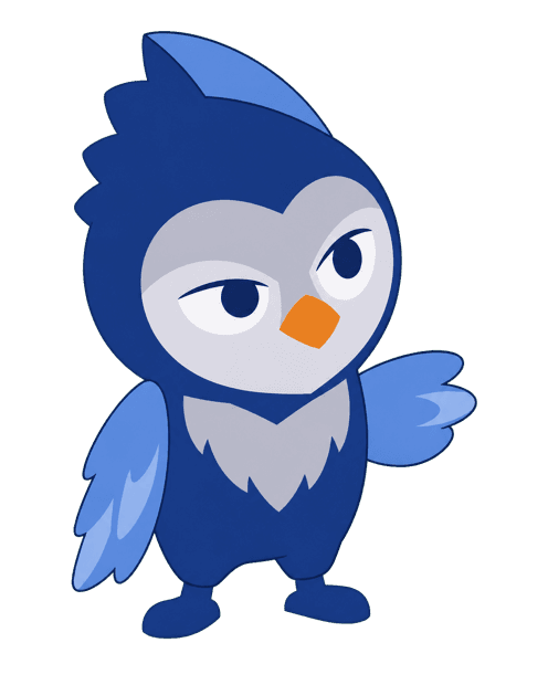 The IQ Max mascot, a blue owl, waving.
